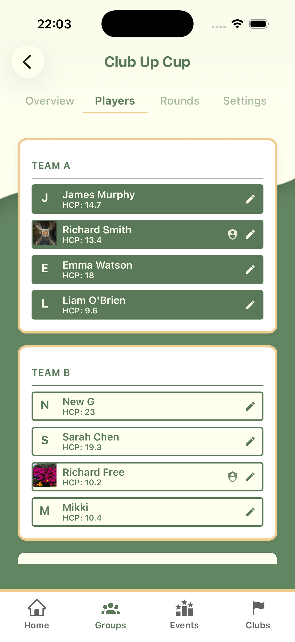 Event players — Team A and Team B rosters