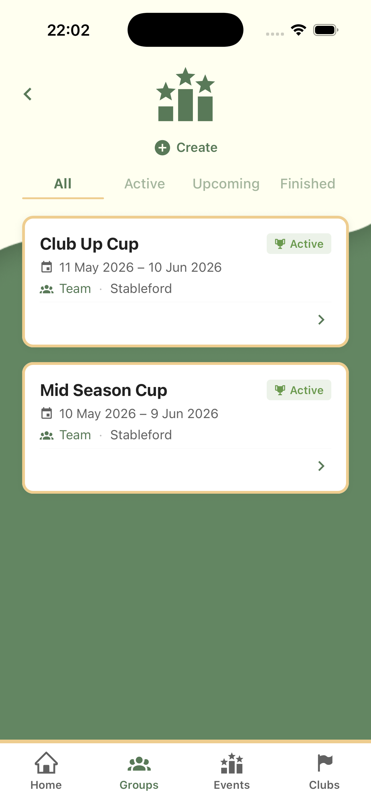 Events — list of upcoming tournaments