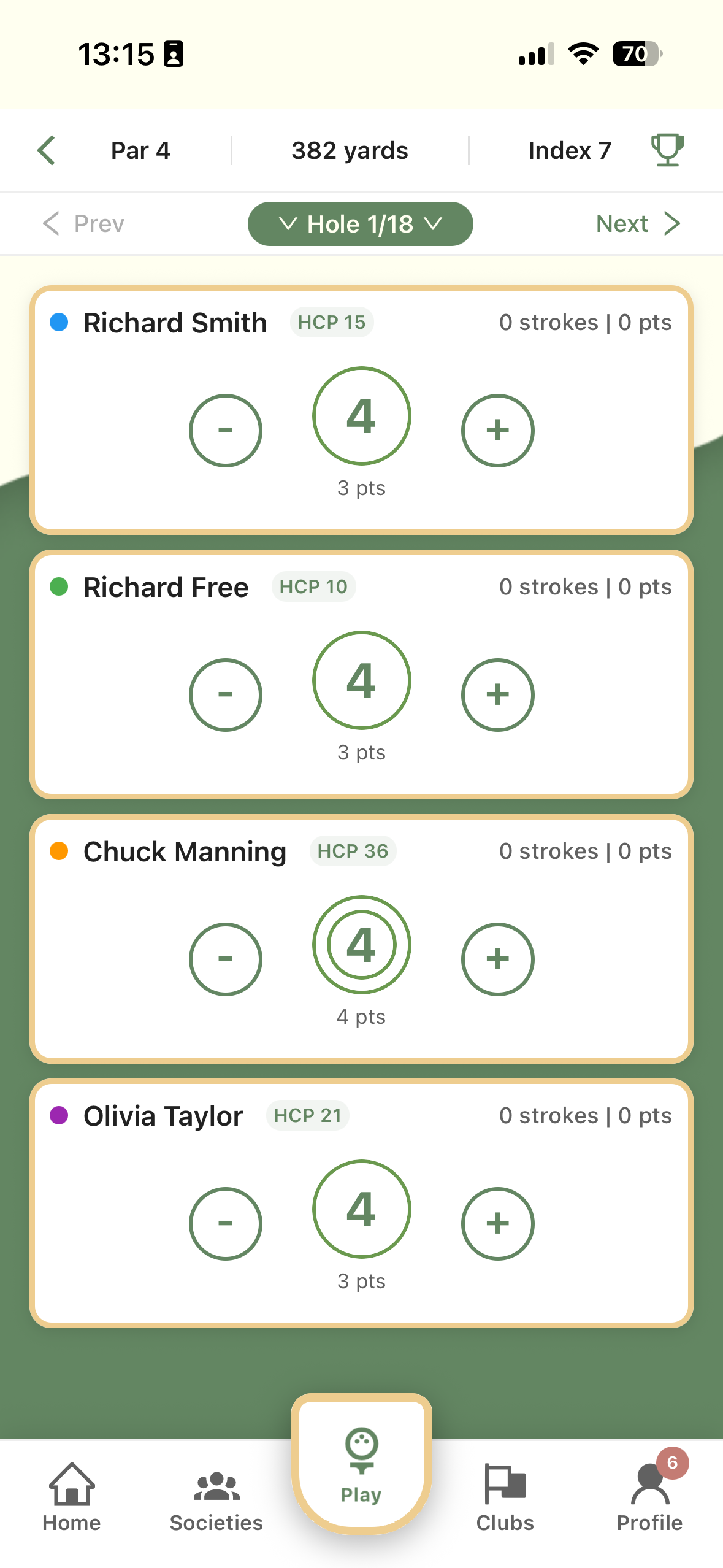 Hole scoring screen
