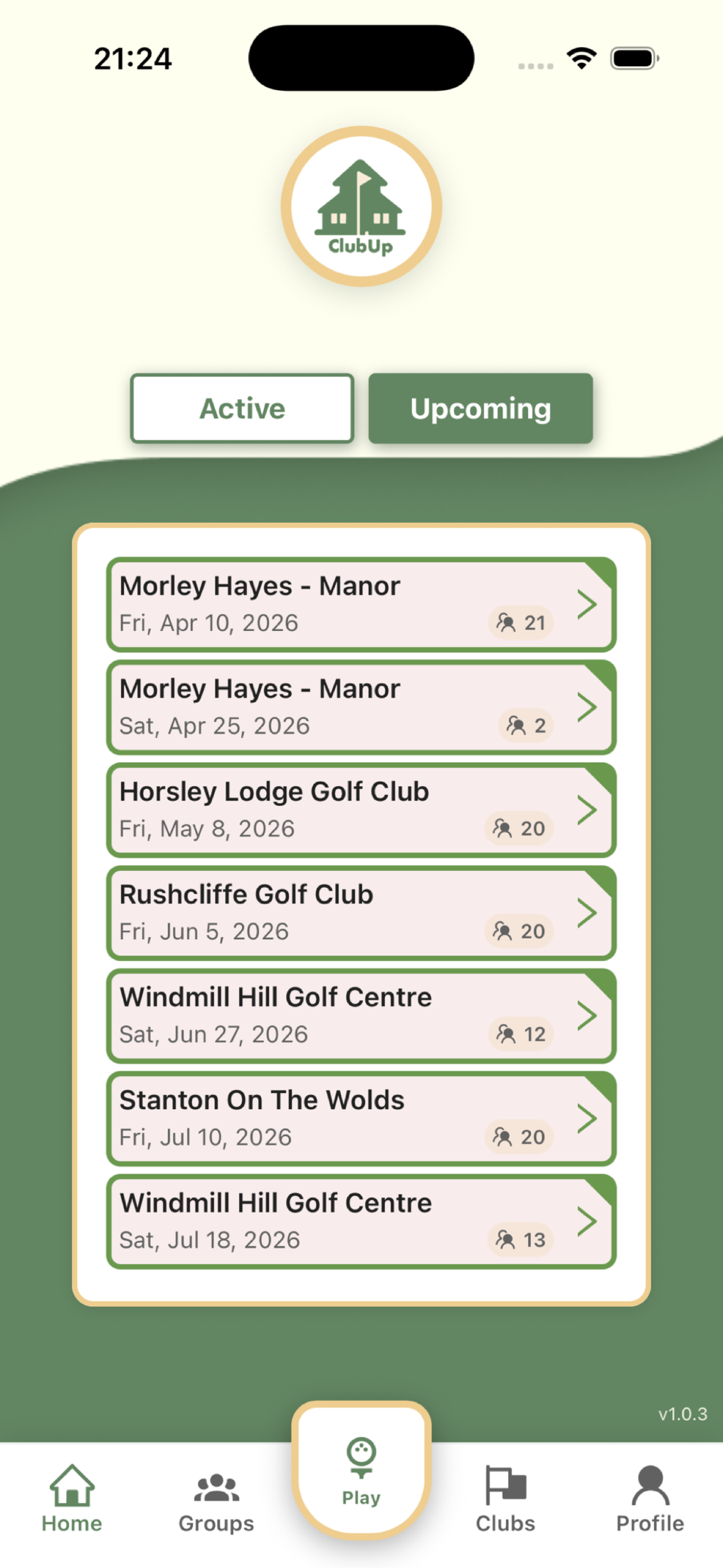 ClubUp home screen