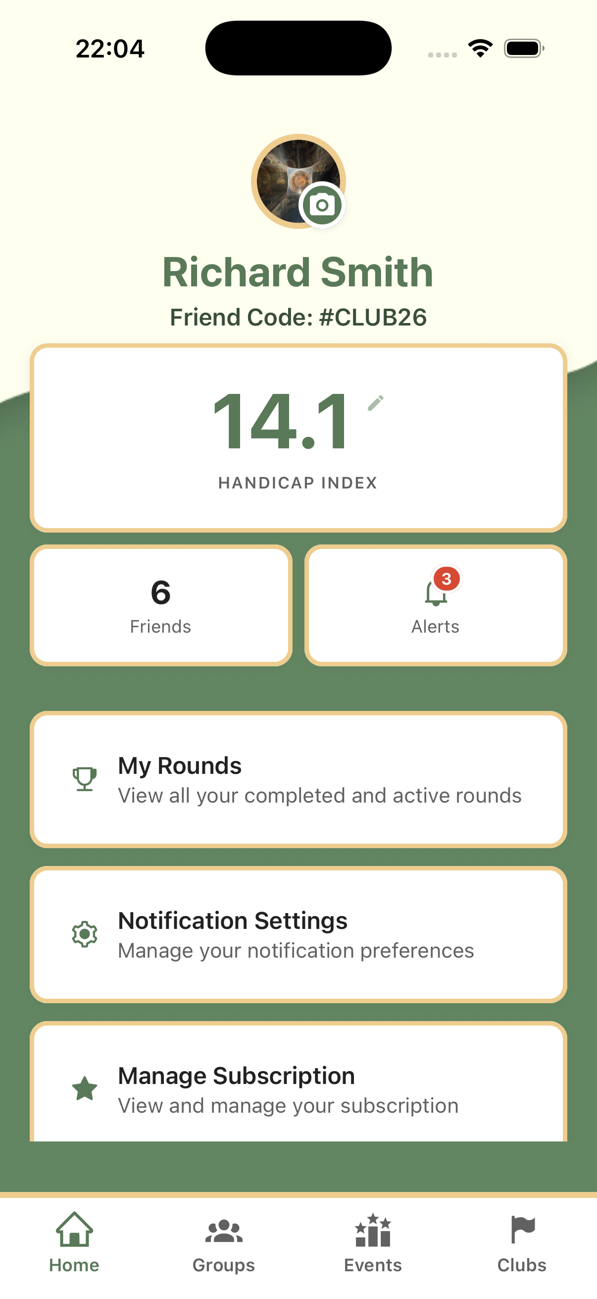Profile — handicap, friends, subscription