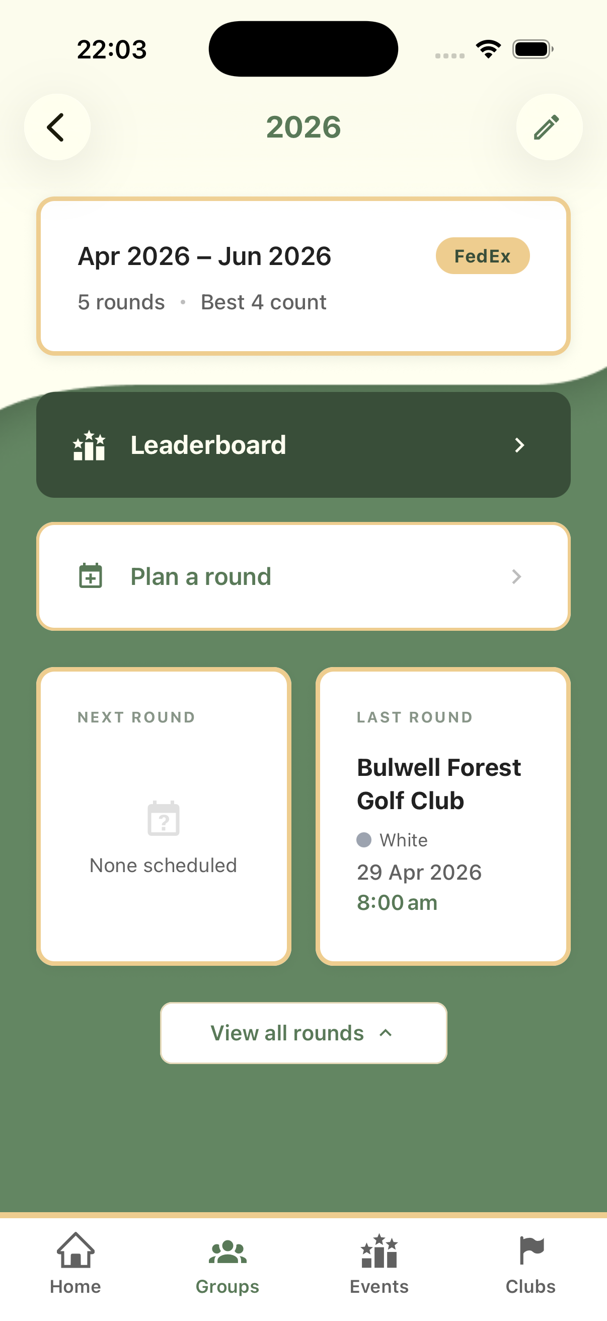 Season detail — leaderboard and rounds