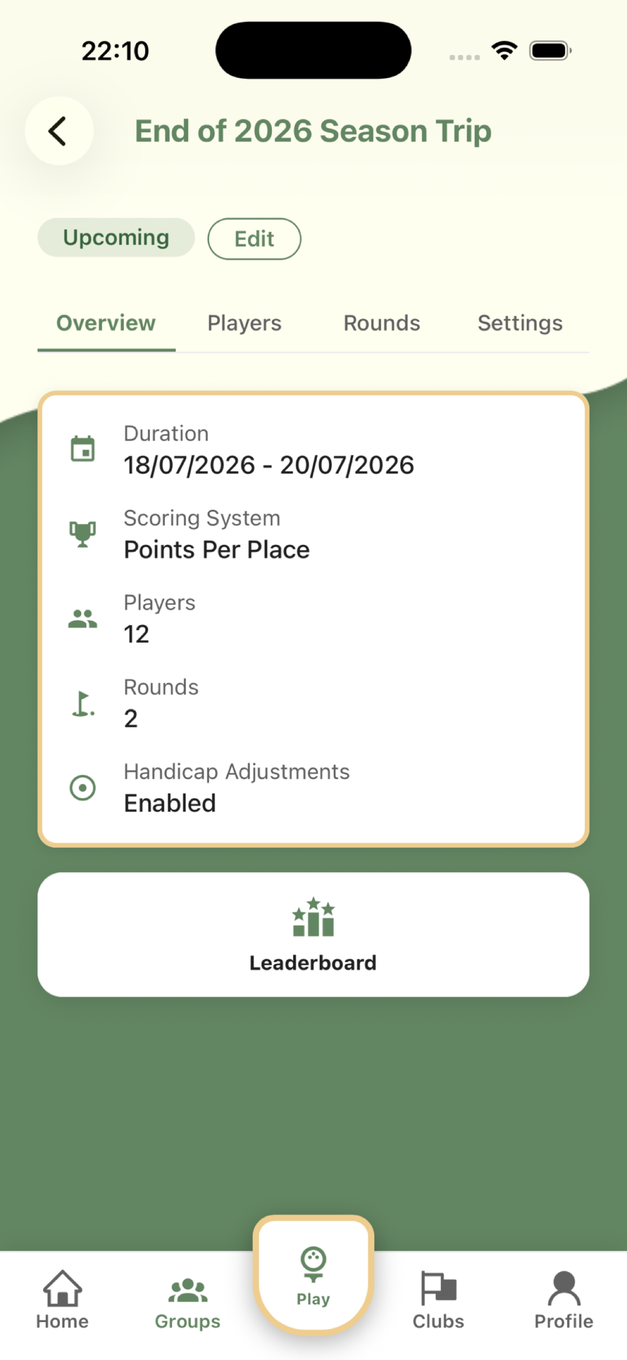 Tournament screen